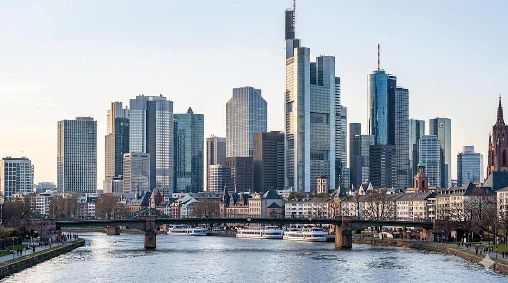 Frankfurt skyline Mainhattan nebodera nad rekom Majnom