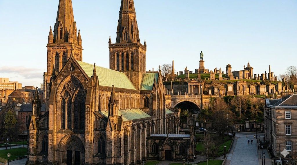 Glasgow Cathedral i Necropolis — gotička katedrala St. Mungo 12. vek, viktorijanska groblja, srednjovekovna Škotska