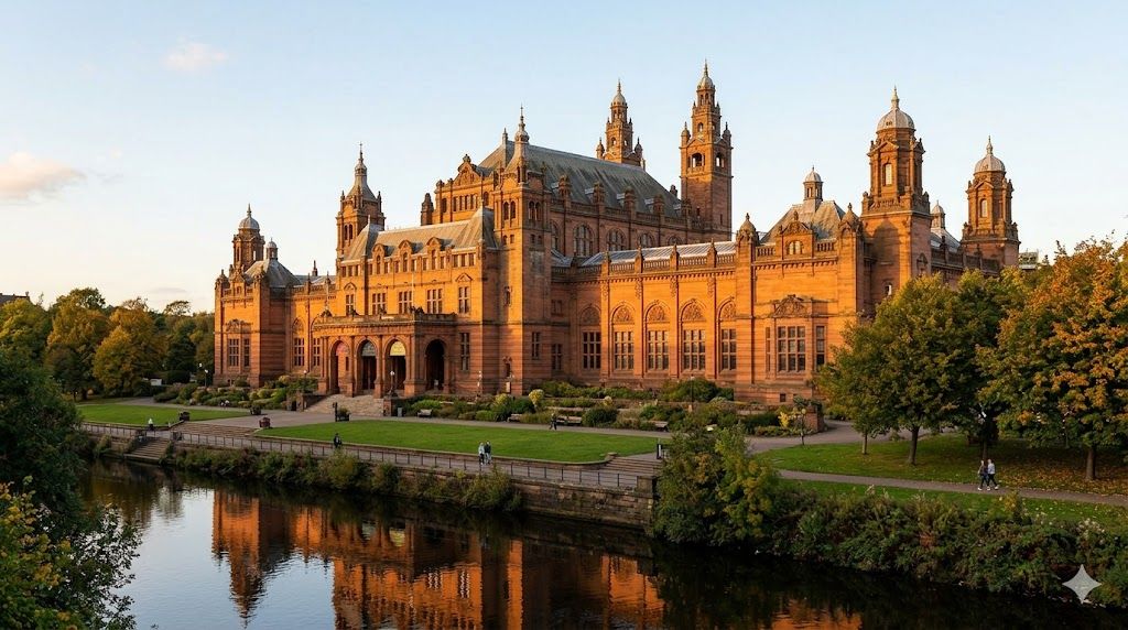 Kelvingrove Art Gallery Glasgow — španski barok crveni peščar muzej, najveći u Škotskoj, besplatan ulaz