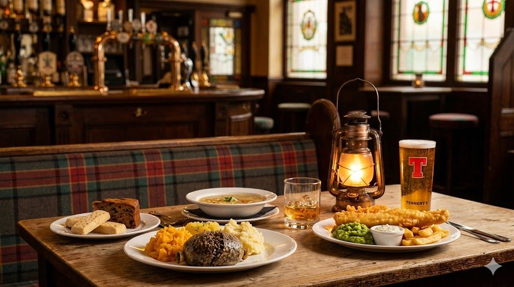 Škotska kuhinja Glazgov — haggis neeps tatties, fish and chips, Scotch broth, single malt whisky, tradicionalni pub