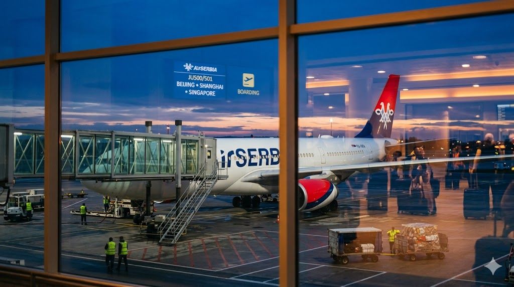 Air Serbia Airbus A330 na gejtu — direktan let Beograd–Guangžou CAN