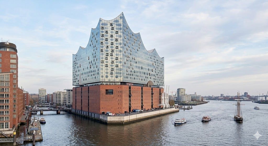 Elbphilharmonie u Hamburgu — staklena koncertna dvorana na obali Elbe, HafenCity, panoramska terasa Plaza