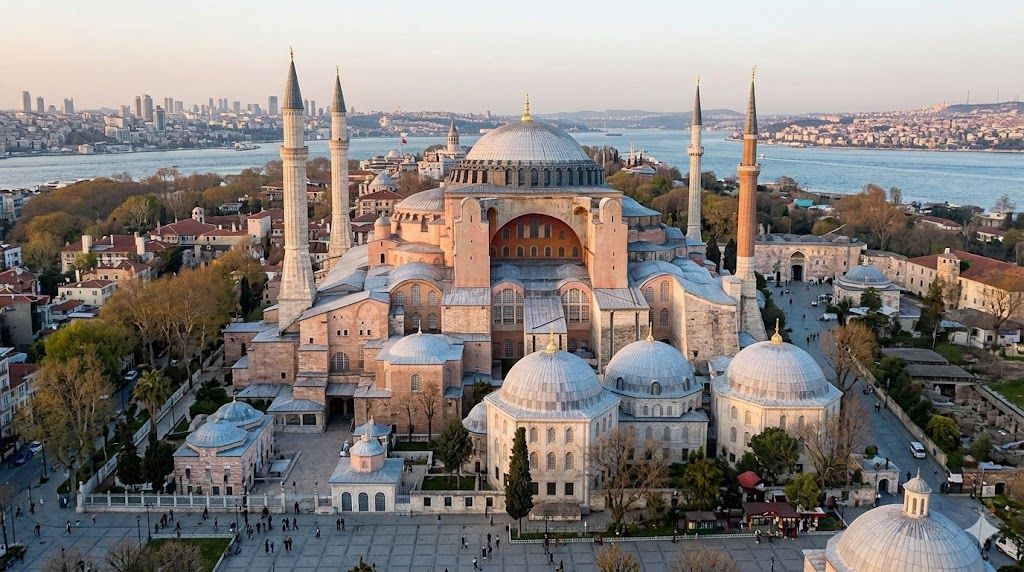 Aja Sofija u Istanbulu — vizantijska katedrala iz 537. pretvorena u džamiju, kupola 55m, mozaici i islamska kaligrafija, simbol grada