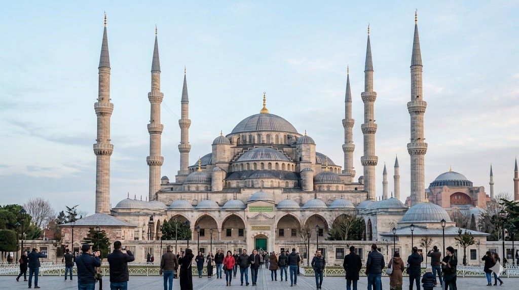 Plava džamija u Istanbulu, Sultanahmet — 6 minareta, plave iznik pločice, osmanska arhitektura iz 1616, preko puta Aje Sofije