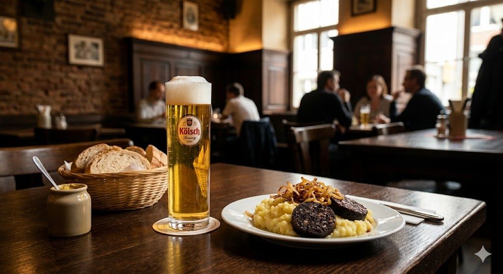 Kelnsko pivo kelš u uskim čašama, tradicionalne pivnice Brauhaus, nemačka jela pečenje kobasice