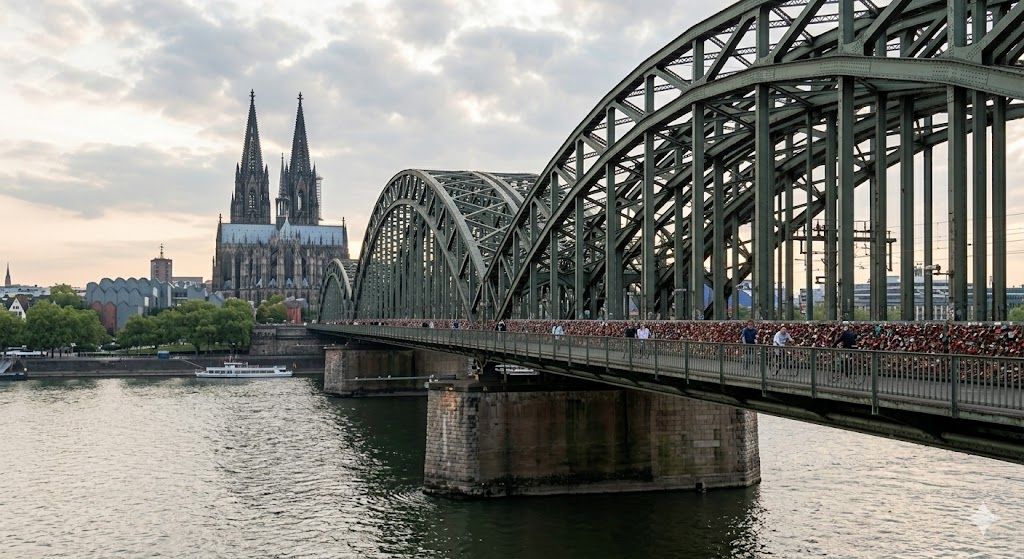 Most Hohenzollern, Keln — katanci ljubavi, pogled na katedralu i Rajnu, pešačka i železnička staza