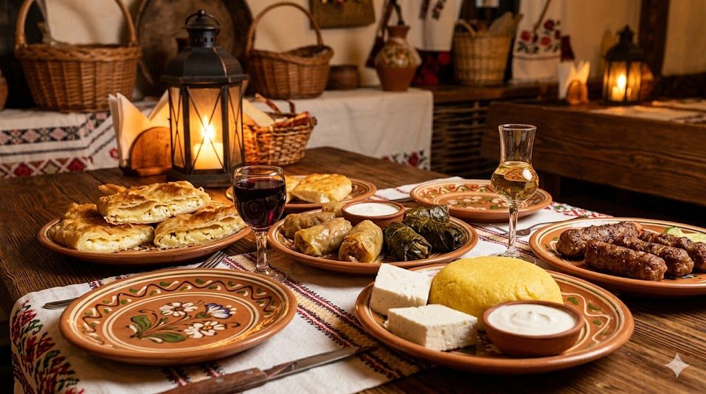 Moldavska kuhinja Kišinjev — plăcinte sarmale mămăligă mici, Fetească Neagră vino, tradicionalni restoran