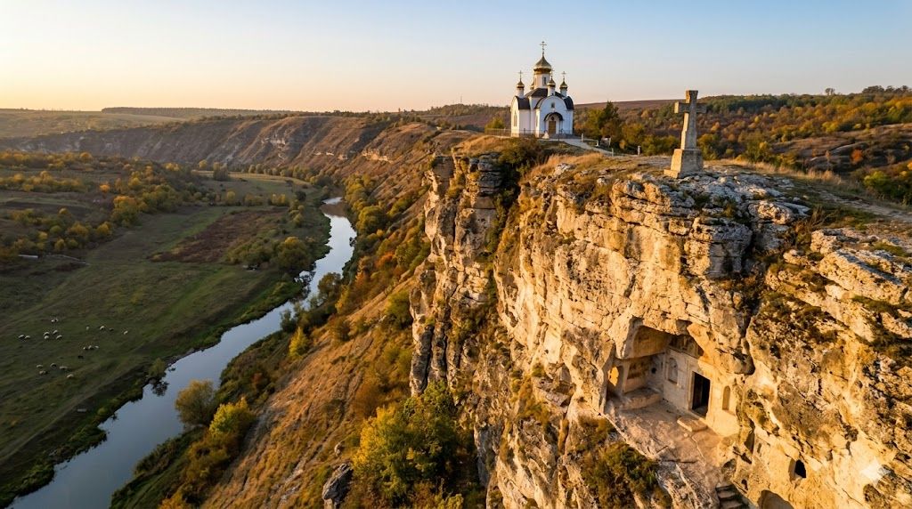 Orhei Vechi manastir Moldova — pećinski manastir 9. vek, krečnjačka litica, Răut reka