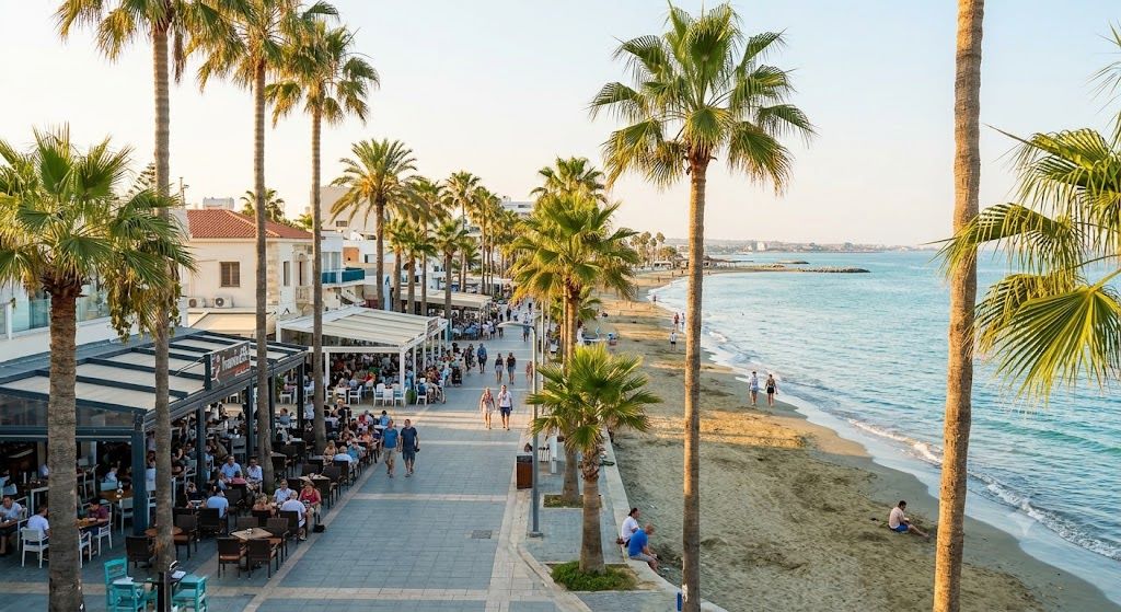 Finikudes promenada u Larnaki — palmino šetalište uz peščanu plažu, kafići i barovi, srednjovekovna tvrđava