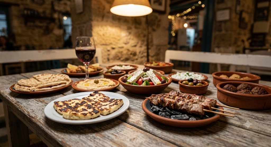 Kiparska kuhinja — meze niz malih jela, helumi sir, kleftiko, ouzo, frapé hladna kafa