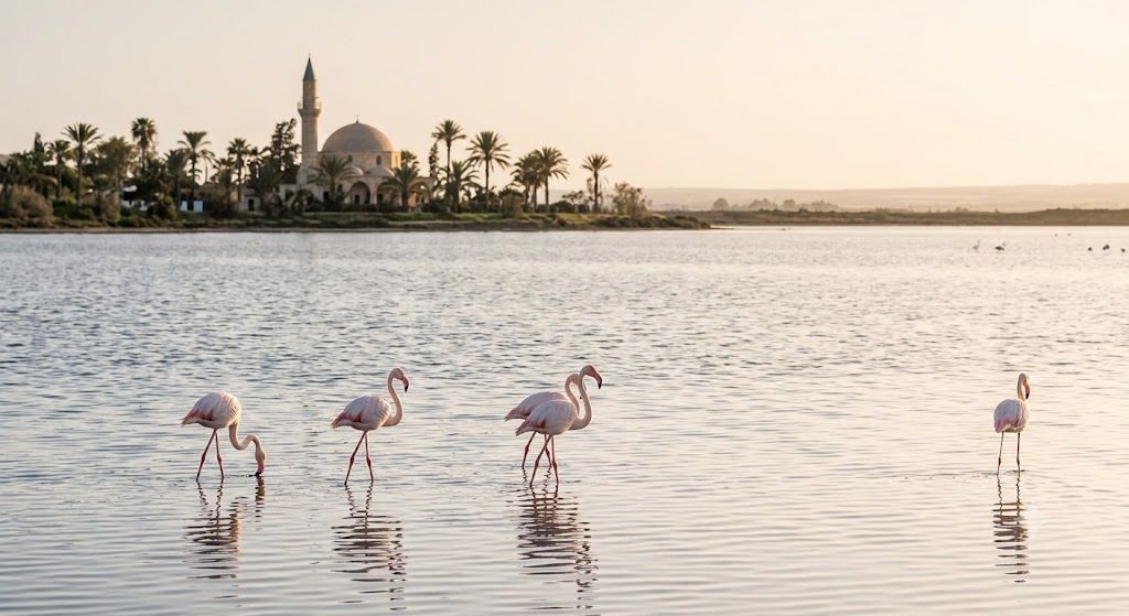 Slano jezero Larnaka sa flamingosima — rozi flamingosi zimi, džamija Hala Sultan Tekke, pešačke staze