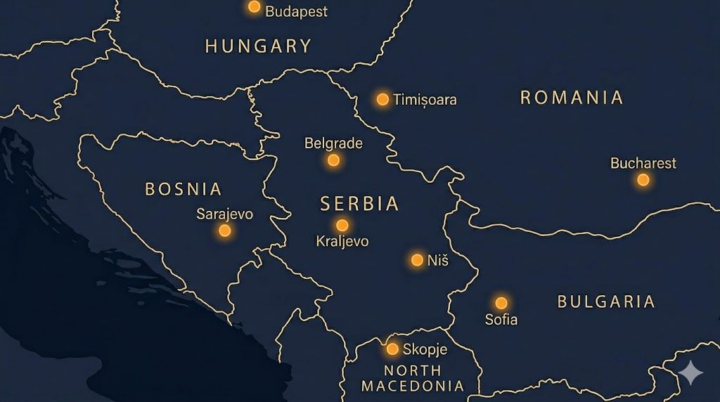 Mapa Srbije i regiona — 9 polaznih aerodroma AvioTag pokrivenost