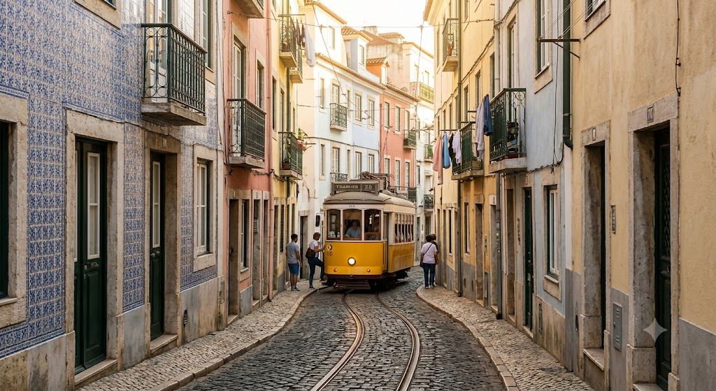 Alfama, najstariji kvart Lisabona — uske kaldrmisane uličice, azulejo pločice, žuti tramvaj broj 28, fado