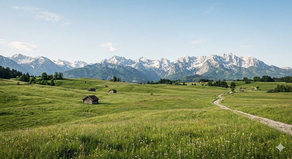Bavarski Alpi u oblasti Algoj — zelene livade, jezera i planine kod Memingena
