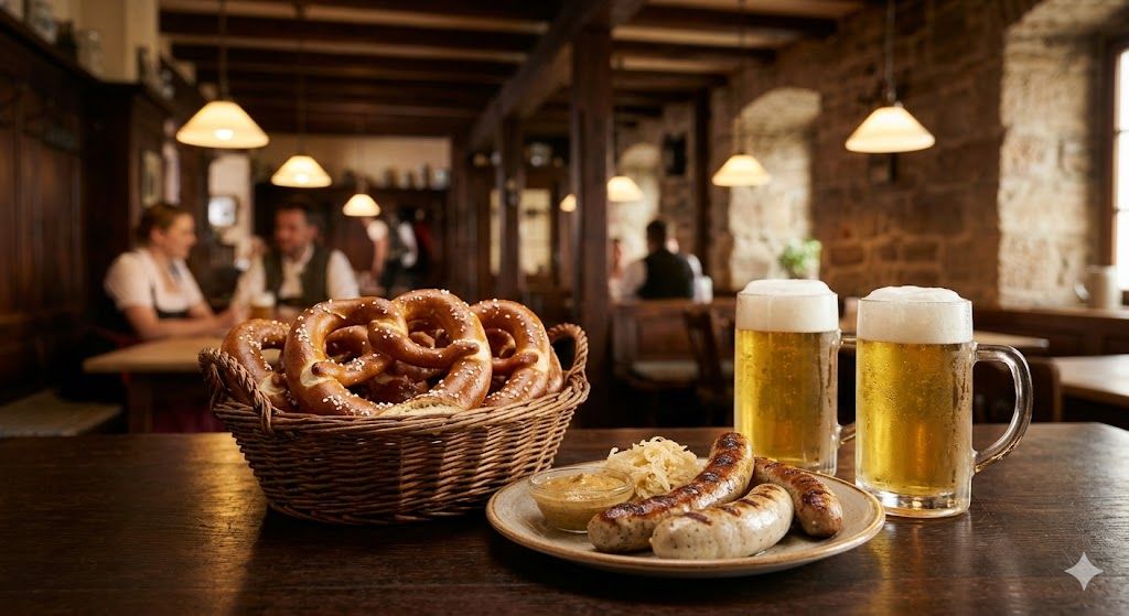 Bavarska kuhinja u Memingenu — perece, kobasice, pečenje i pivo u tradicionalnoj pivnici