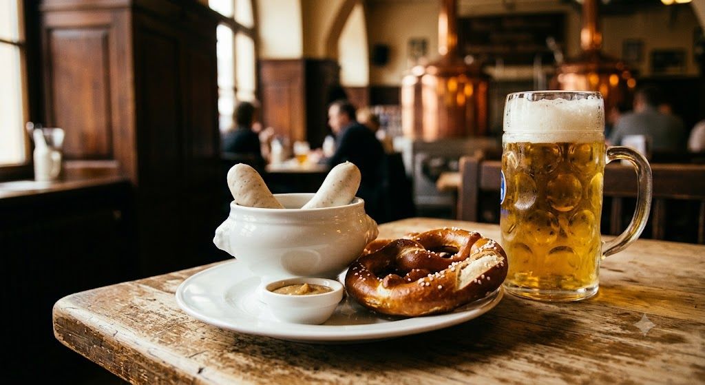Bavarska kuhinja u Minhenu — Weisswurst bela kobasica, Schweinshaxe kolenica, perec, pivo iz minhenskih pivara