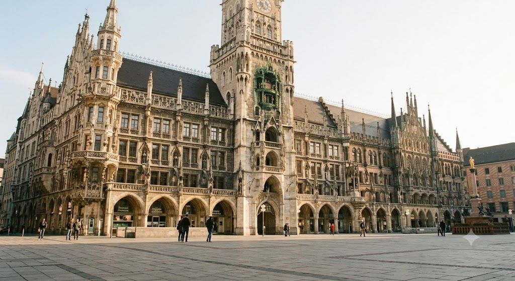 Marienplatz i Nova gradska kuća u Minhenu — neogotski Rathaus, Glockenspiel sat sa figurama, centralni trg