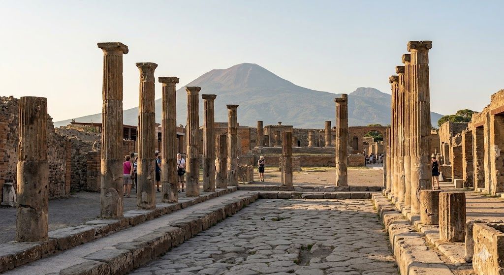 Antičke ruševine Pompeja sa Vezuvom u pozadini — rimski stubovi, arheološko nalazište