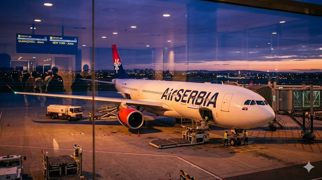 Air Serbia Airbus A330 na gejtu — direktan let Beograd–Njujork JFK
