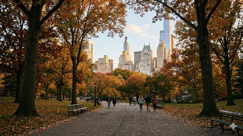 Central park u jesen sa neboderima Menhetna u pozadini