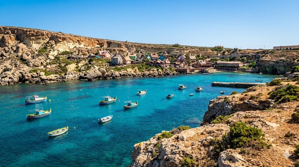 Anchor Bay i obala Malte kod Mellieħe — tirkizno more i litice