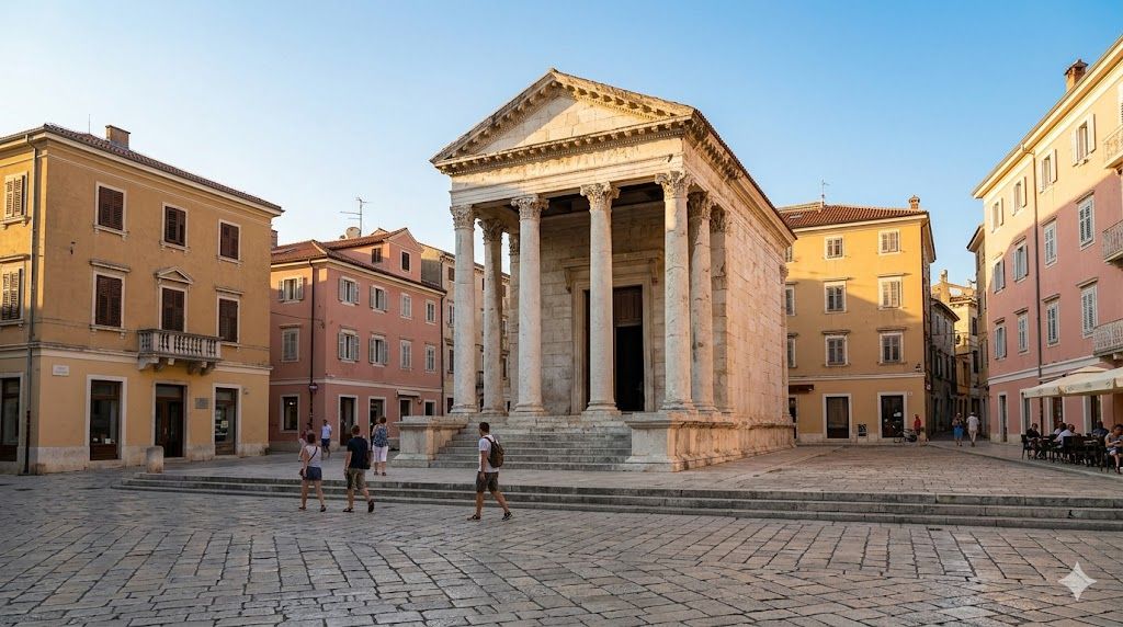 Hram Augusta Pula — rimski hram 1. vek pre nove ere, Forum trg, jonske kolone, stari grad mletački uticaj