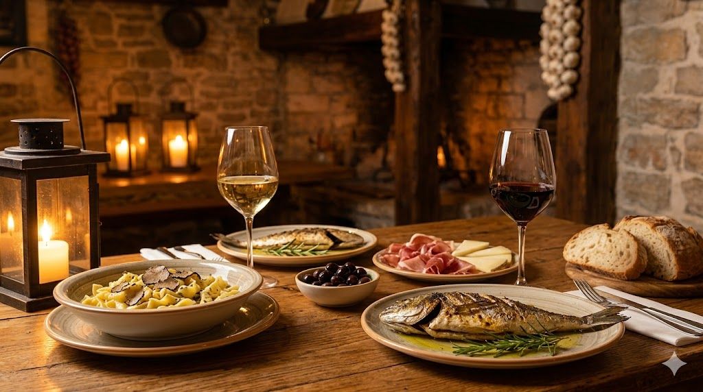 Istarska kuhinja Pula — fuži pasta tartufi, pršut, Malvazija Istarska Teran vino, sveža riba Jadran, konoba