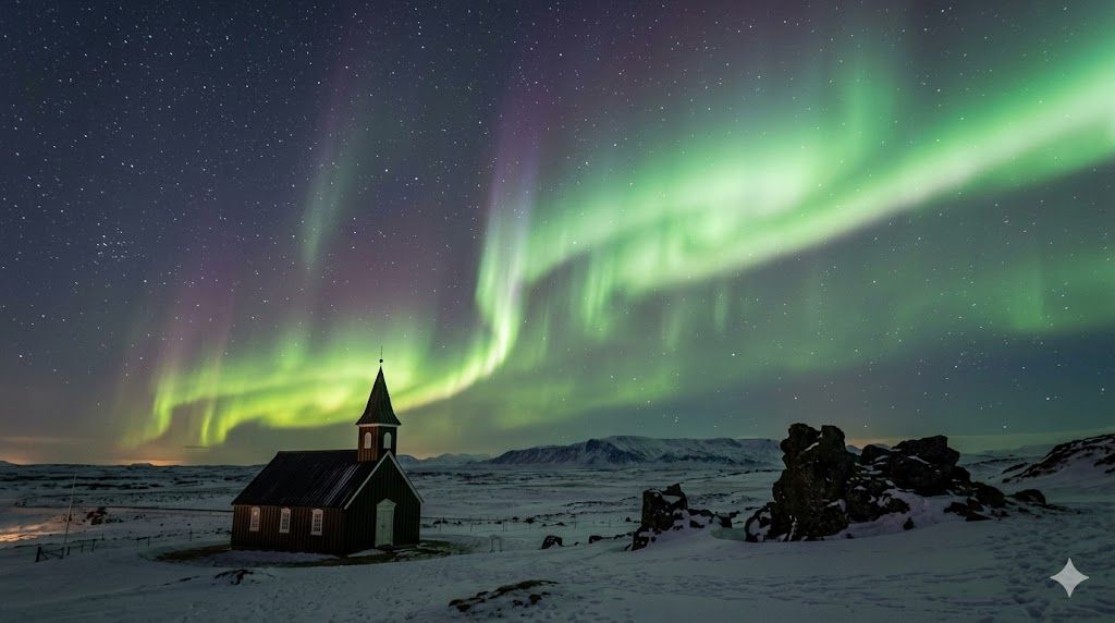 Aurora borealis severno svetlo Island — zeleni i ljubičasti polarni sjaj nad islandskim pejzažem zimskog neba