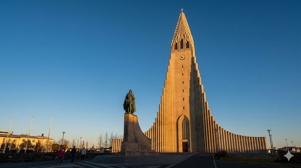 Hallgrímskirkja Rejkjavik — najveća crkva Islanda, ekspresionistička arhitektura, bazaltni stubovi, 74m visine