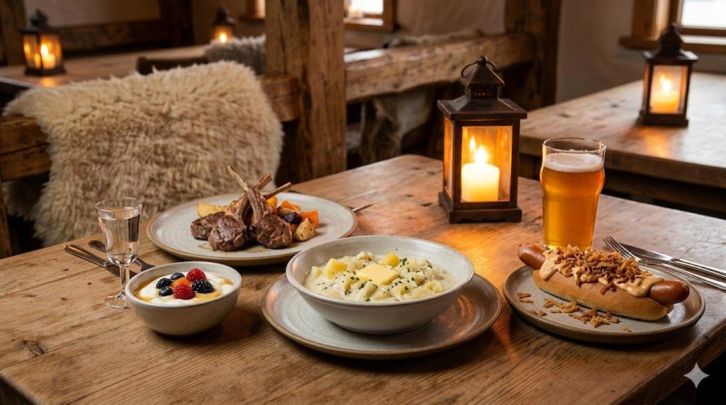 Islandska kuhinja Rejkjavik — plokkfiskur riblja čorba, jagnjeća ramstek, skyr, pylsur hot dog, Brennivín