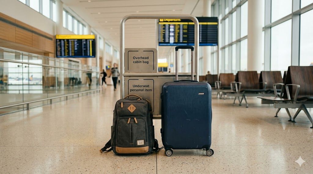 Ryanair prtljag — mala torba i kabinski kofer uz sizer ram na aerodromu