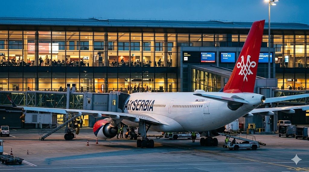 Air Serbia Airbus A330 na gejtu — direktan let Beograd–Šangaj PVG