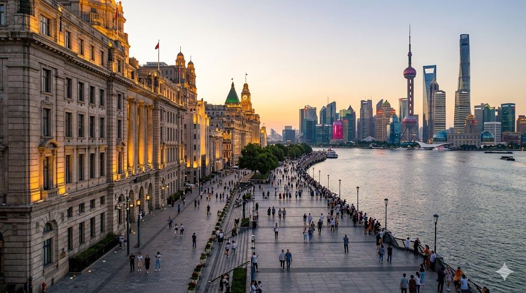 Bund u Šangaju — kolonijalna arhitektura i futuristički Pudong preko reke