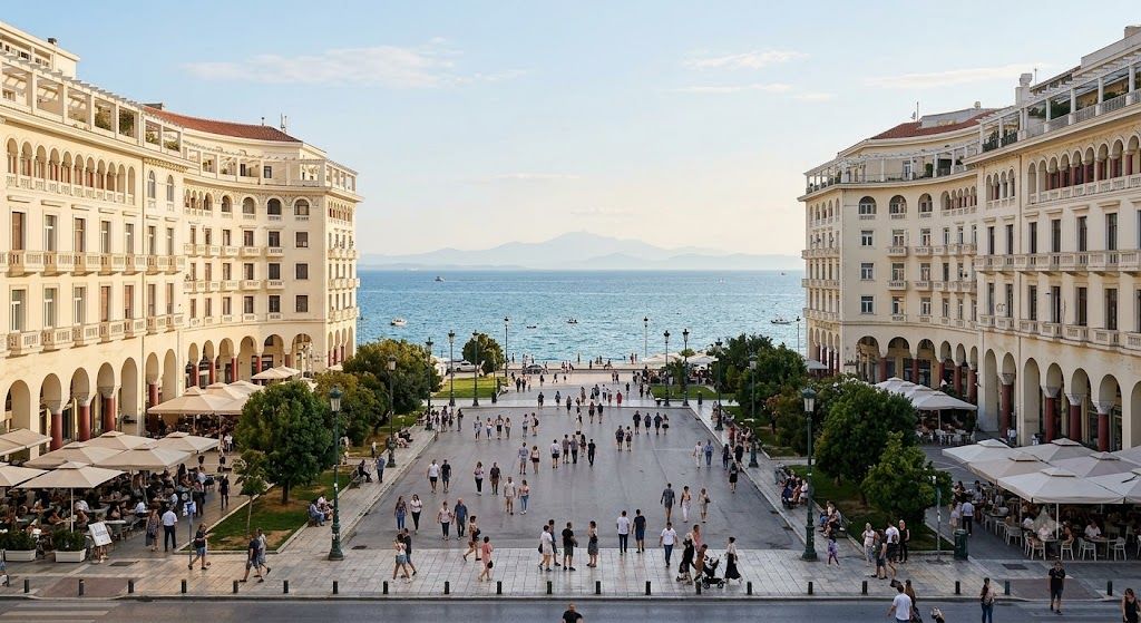 Aristotelov trg u Solunu — glavni trg sa neoklasicističkim zgradama, pogled na more, tržnice Modiano i Kapani