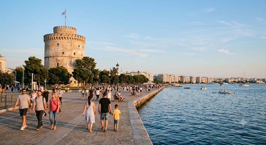 Beli toranj u Solunu — simbol grada, otomanska kula iz 15. veka uz obalu, promenada Nea Paralia