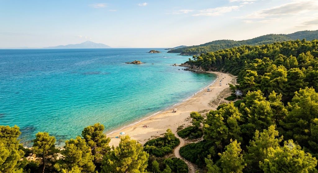 Halkidiki plaža sa tirkiznim morem — Kasandra, Sitonija, Sveta gora Atos, peščane plaže i borovi