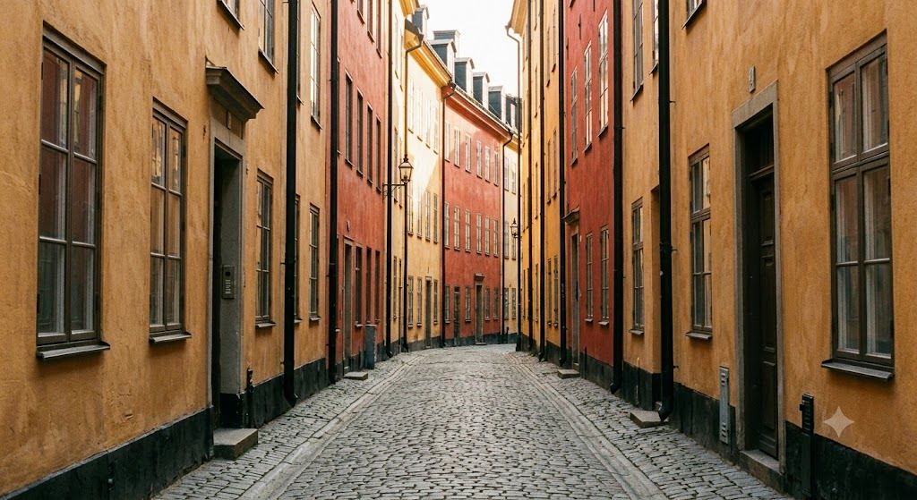 Gamla Stan staro jezgro Stokholma — srednjovekovne kaldrmisane ulice, šarene kuće oker crvene, Kraljevska palata