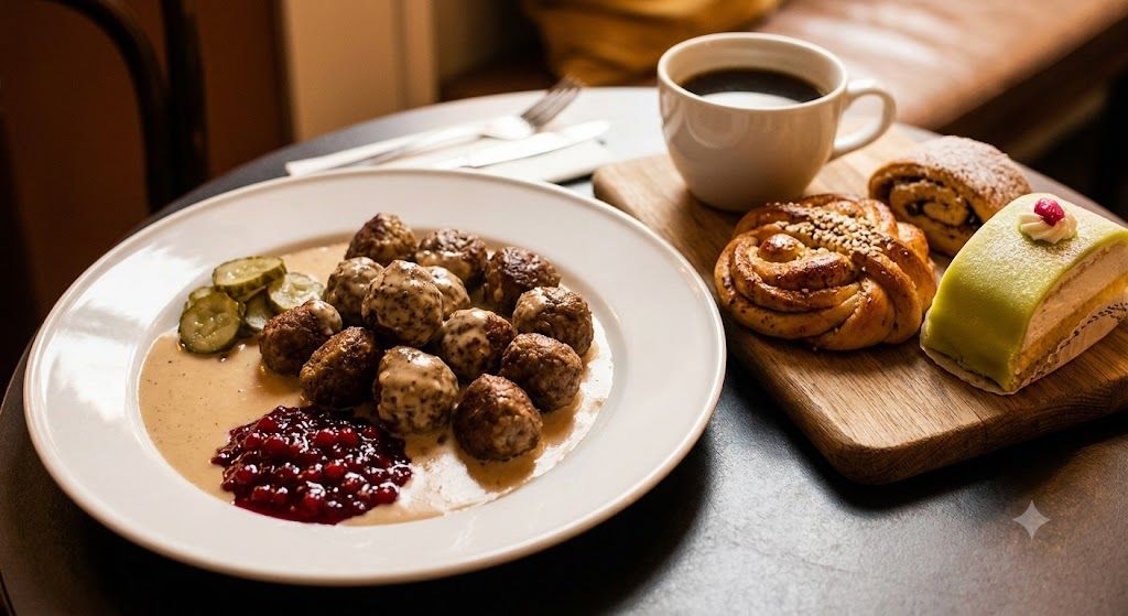 Švedska kuhinja Stokholm — köttbullar ćufte sa brusnicama, dimljeni losos, haringa, fika kanelbullar cimet rolnice
