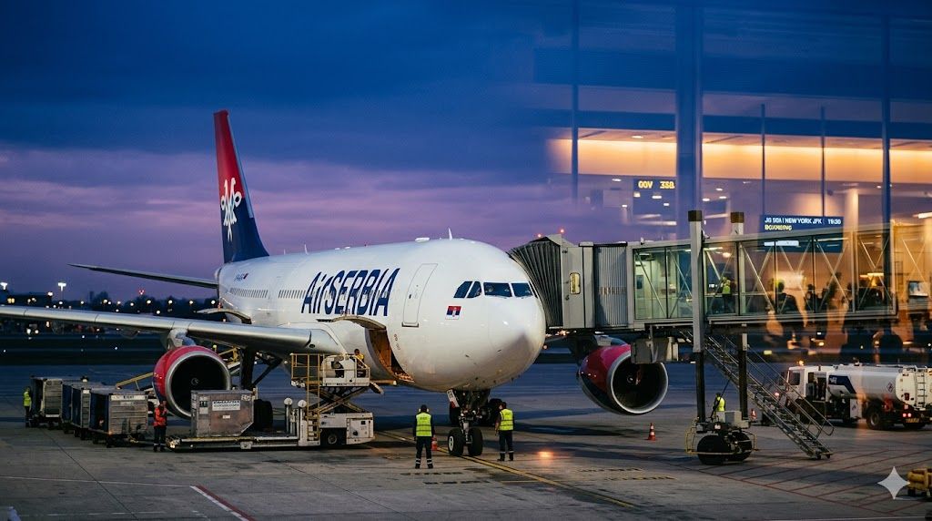 Air Serbia Airbus A330 na gejtu — direktan let Beograd–Toronto YYZ