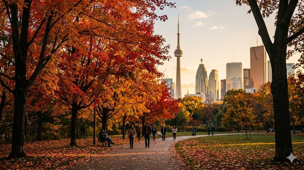 Jesen u Torontu — javorovo lišće i skajlajn grada