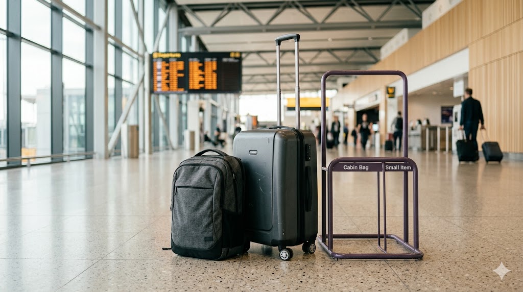 Wizz Air prtljag — mala torba i kabinski trolley uz sizer ram na aerodromu
