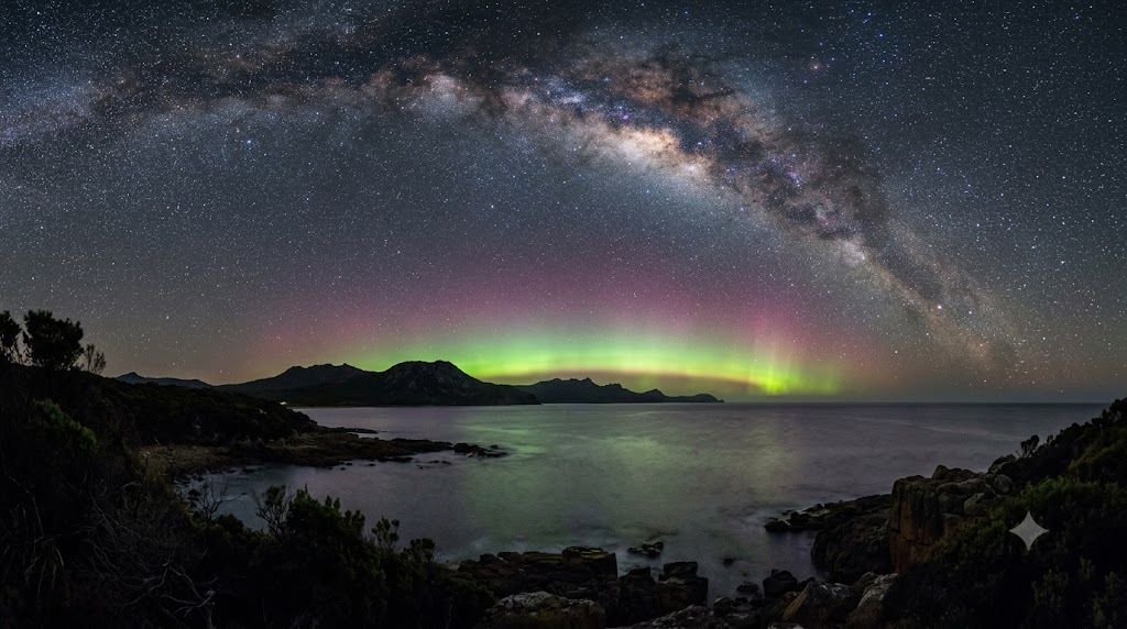 Aurora australis, južna svetlost nad Tasmanijom — zeleni i ružičasti sjaj nisko na južnom horizontu iznad okeana, zvezdano nebo