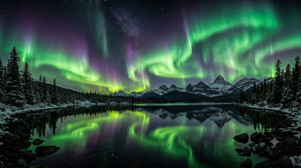 Aurora borealis nad planinskim jezerom — zeleni i ljubičasti talasi polarne svetlosti na zvezdanom nebu, odraz u mirnom jezeru