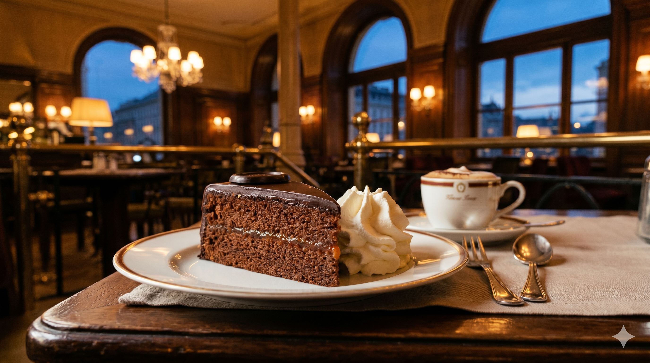 Parče Saher torte uz bečku kafu melanž u tradicionalnoj kafani — čokoladna glazura, džem od kajsija, nezaslađeni šlag