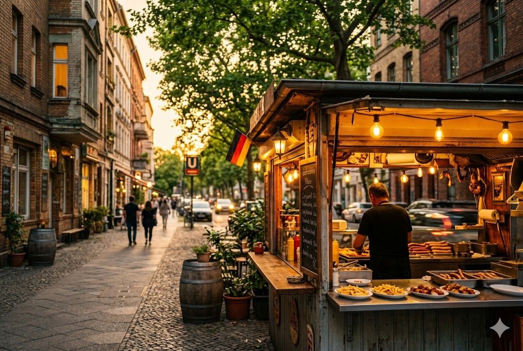 Berlinska ulična scena i ulična hrana