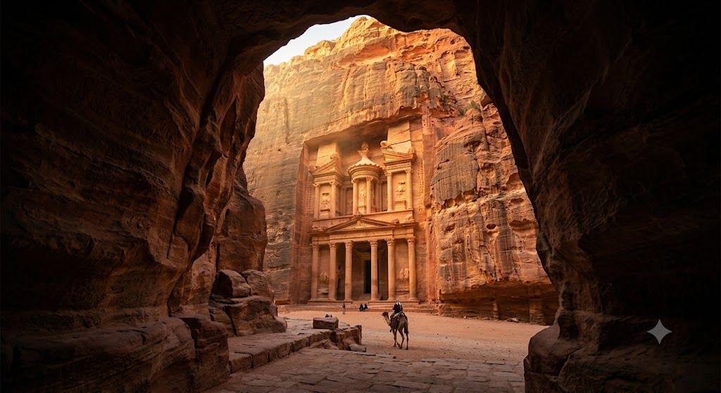 Petra, Jordan — Riznica Al Hazne uklesana u crvenkastu stenu, drevni nabatejski grad, jedno od sedam svetskih čuda novog sveta