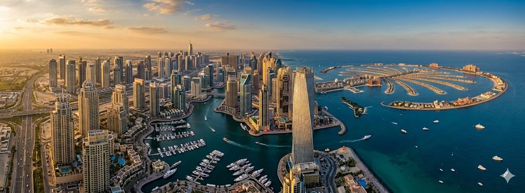 Dubai Marina i Palm Jumeirah iz vazduha pri zlatnom satu