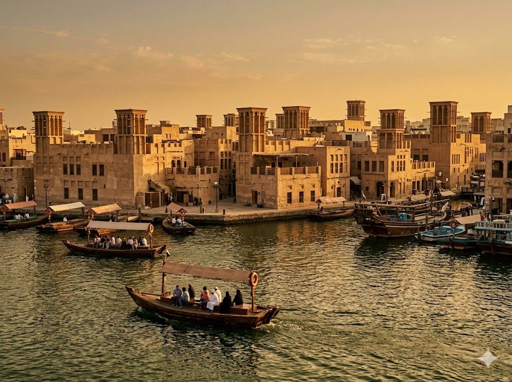 Istorijska četvrt Al Fahidi i Dubai Creek sa tradicionalnim abra čamcima i kulama za hlađenje