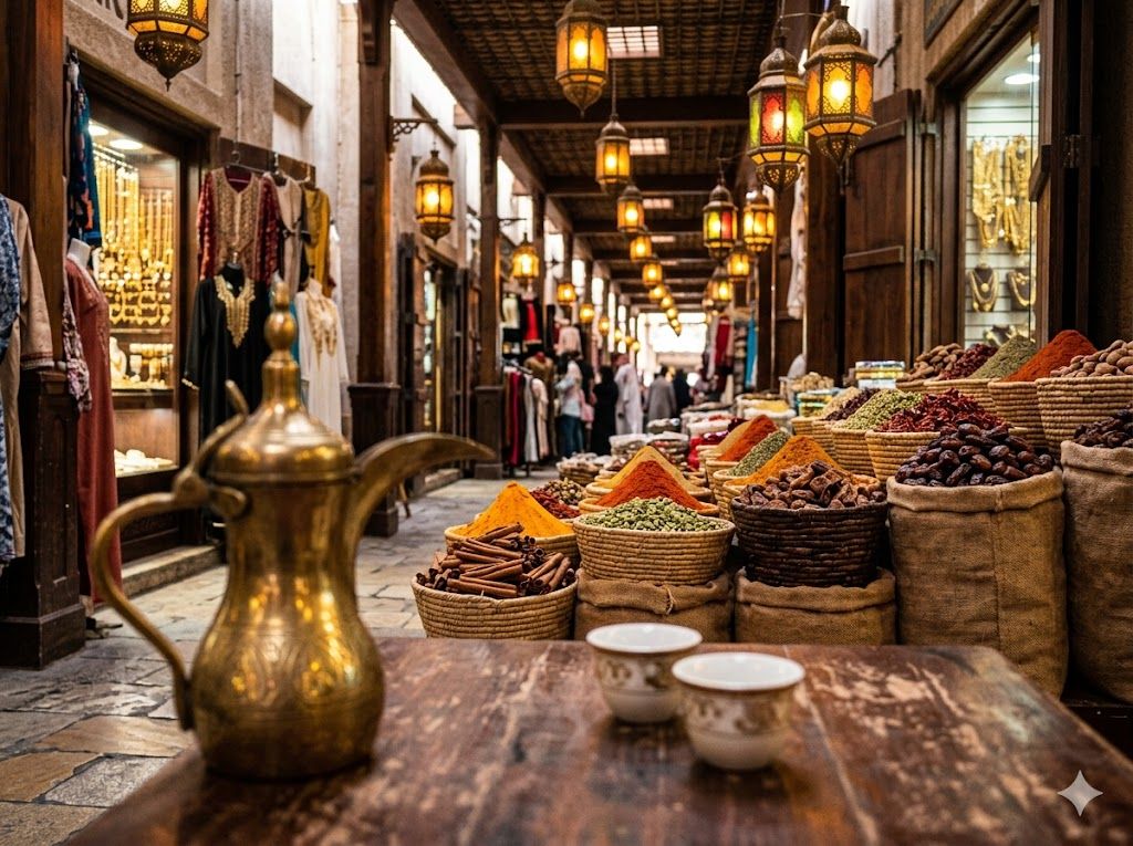 Tradicionalni dubaijski suk sa lampionima, začinima, urmama i arapskom kafom