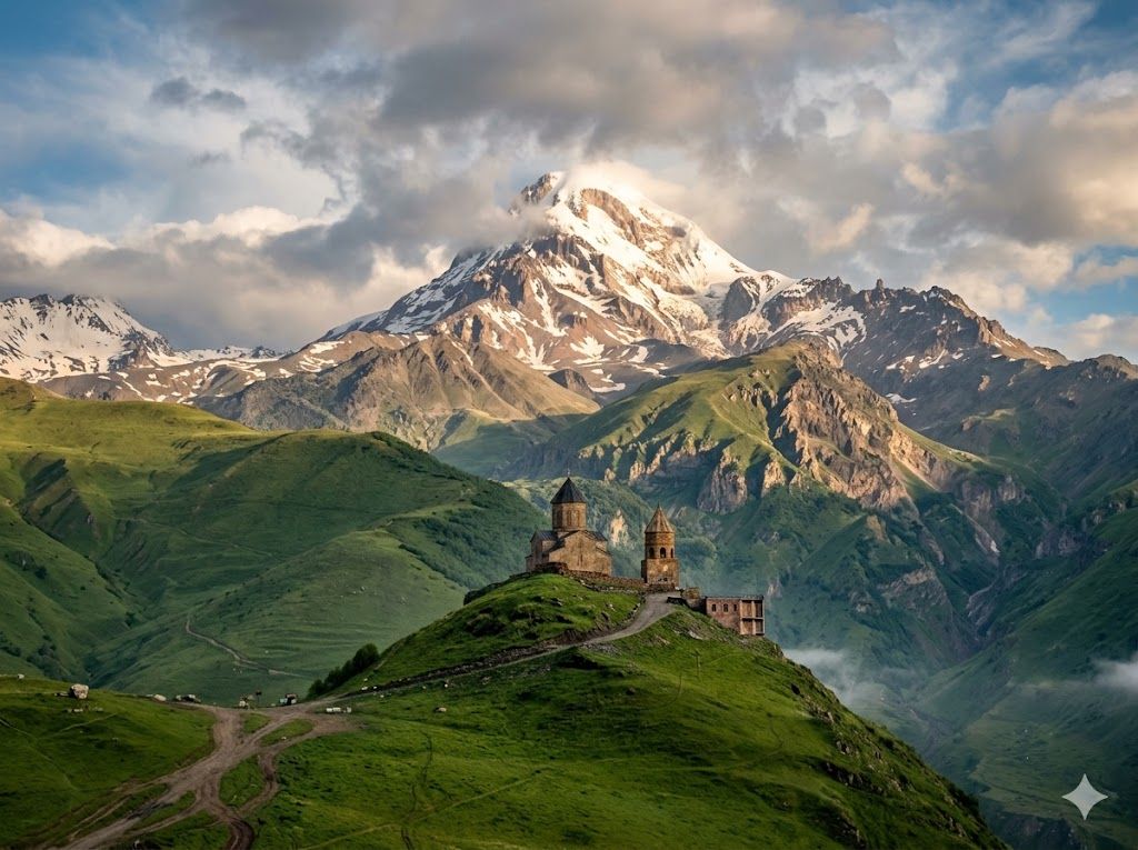 Crkva Svete Trojice Gergeti ispod snežnog vrha Kazbek u kavkaskim planinama